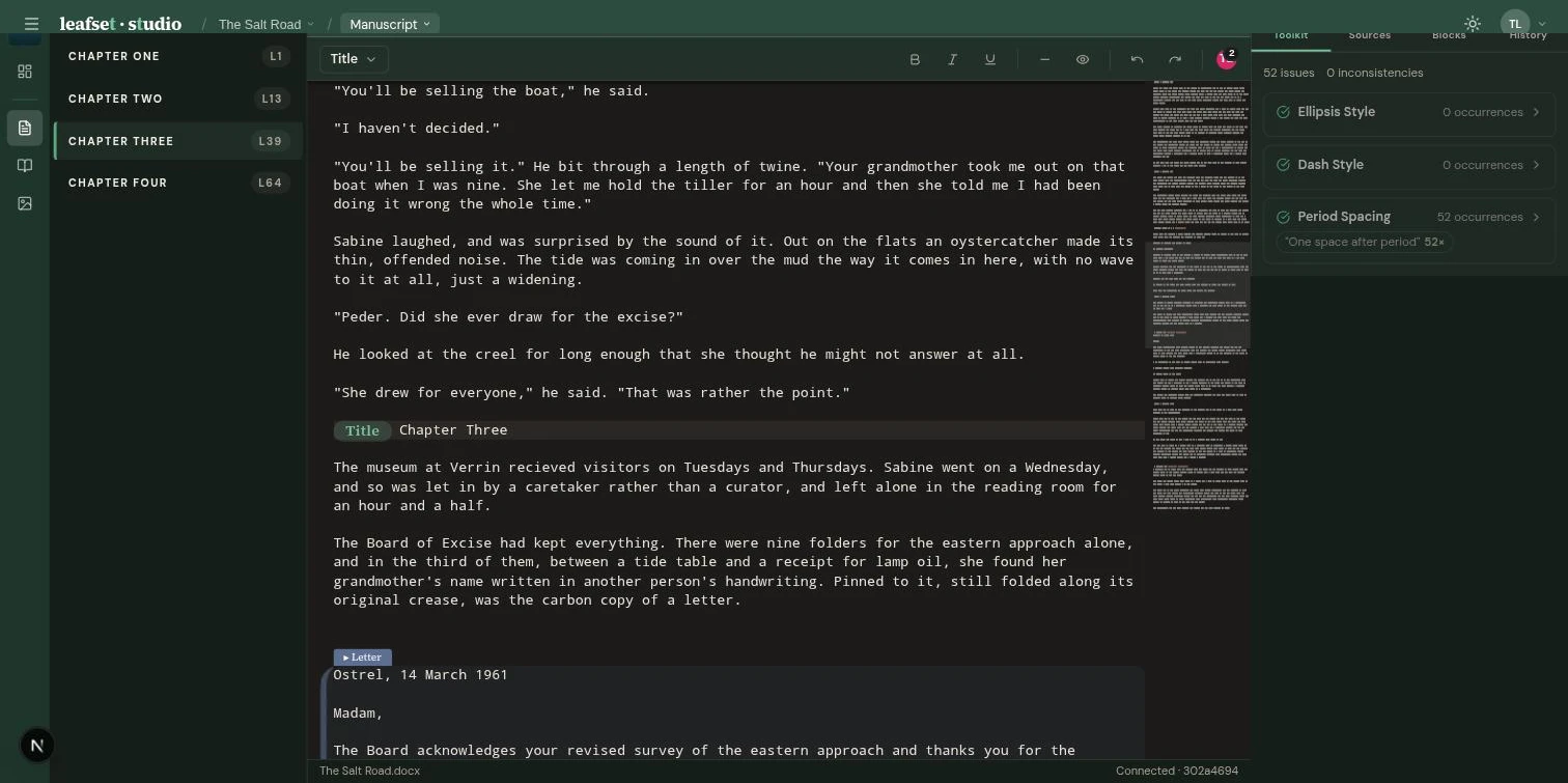 The Leafset manuscript editor with collaborator avatars in the header, showing who is working on the book.