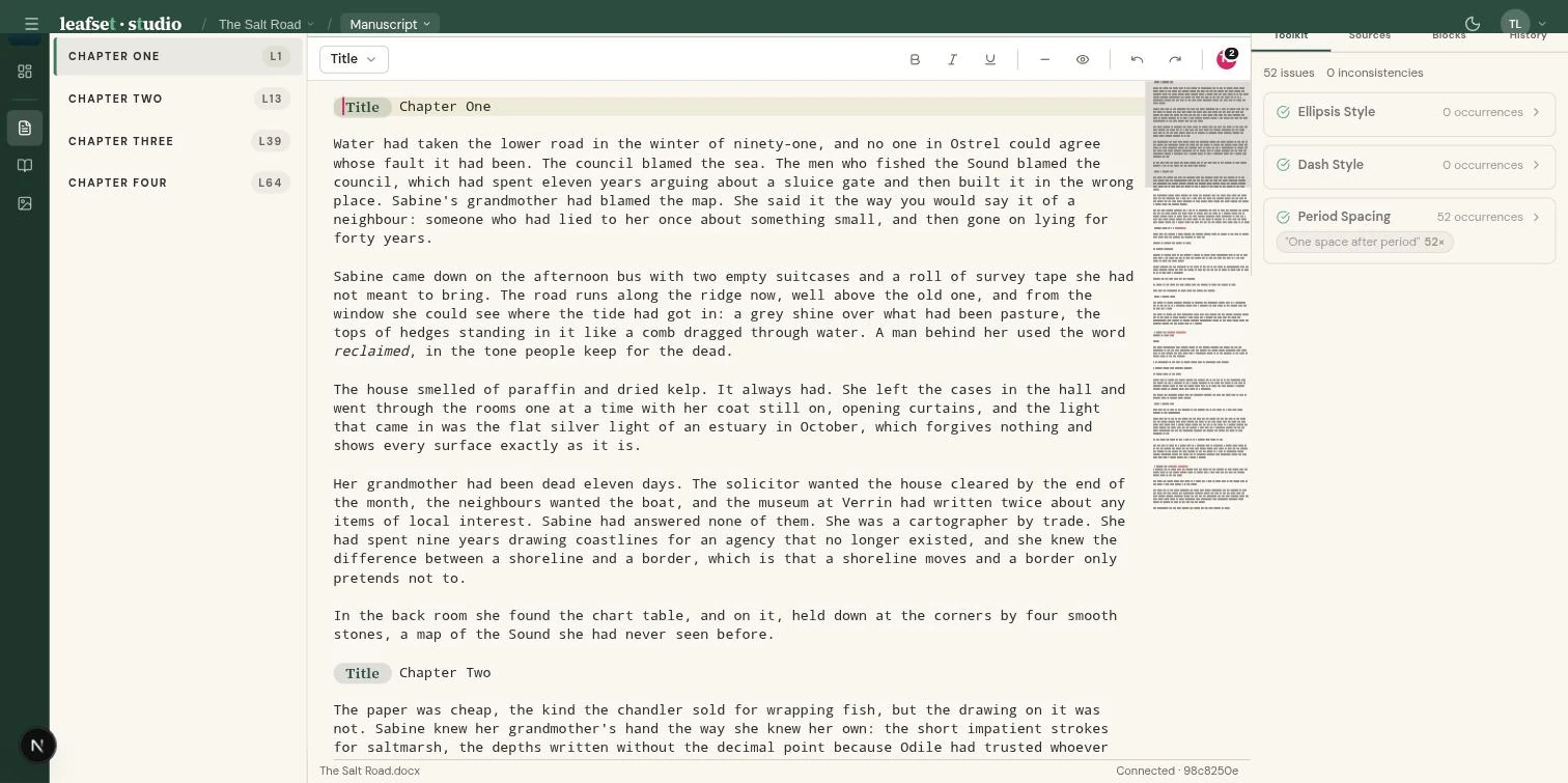 The Leafset manuscript editor with collaborator avatars in the header, showing who is working on the book.