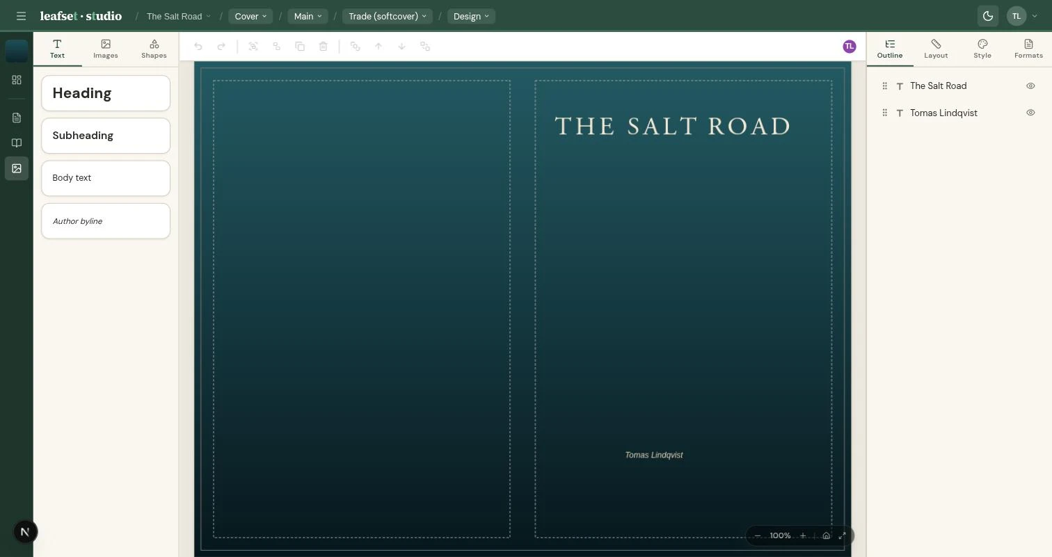 The Leafset cover designer, showing a book cover on canvas with text, image and shape tools alongside it.