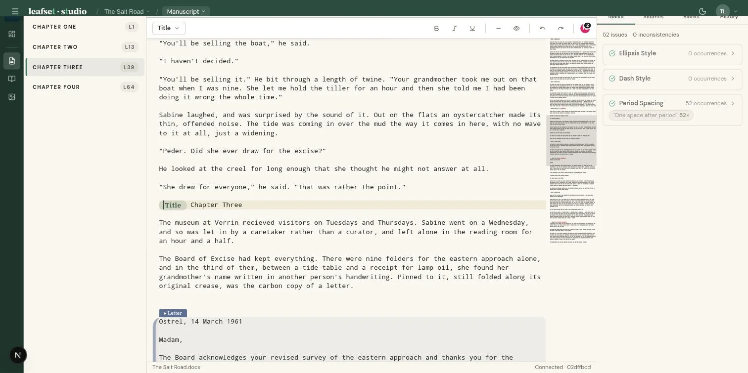 The Leafset manuscript editor with a chapter outline sidebar, styled letter block, and the consistency toolkit open.