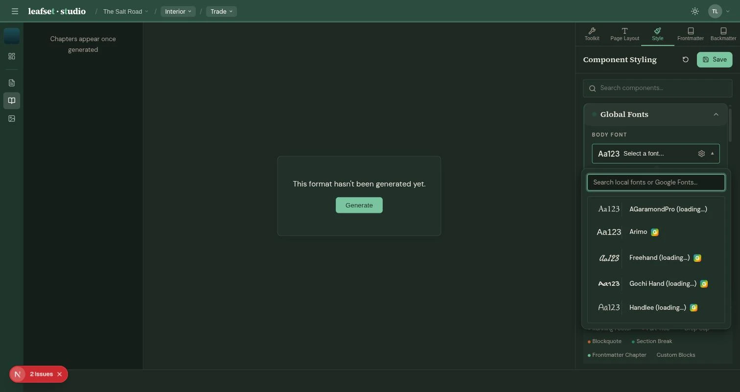 The Leafset font selector, searching a font library with a scrollable list of families to apply.