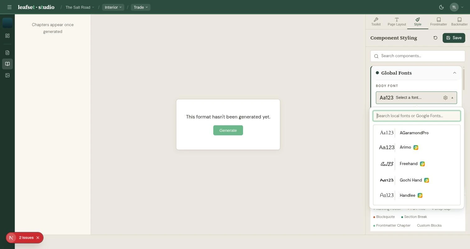 The Leafset font selector, searching a font library with a scrollable list of families to apply.