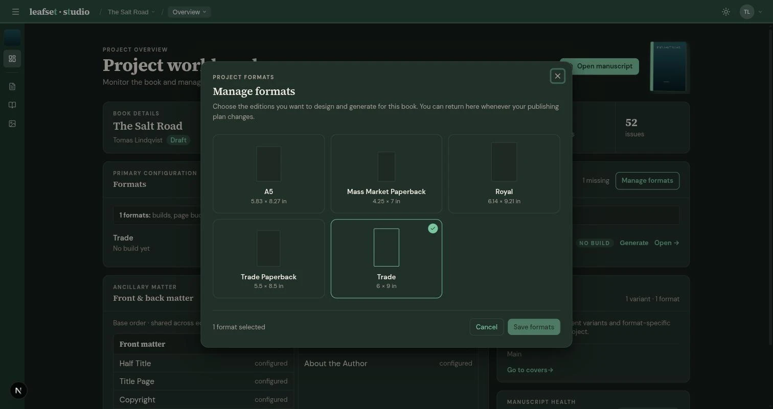 Format management in Leafset Studio, listing the trim sizes a single manuscript can be published to.