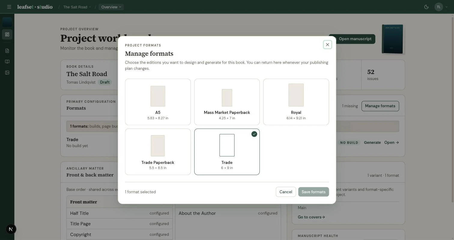 Format management in Leafset Studio, listing the trim sizes a single manuscript can be published to.