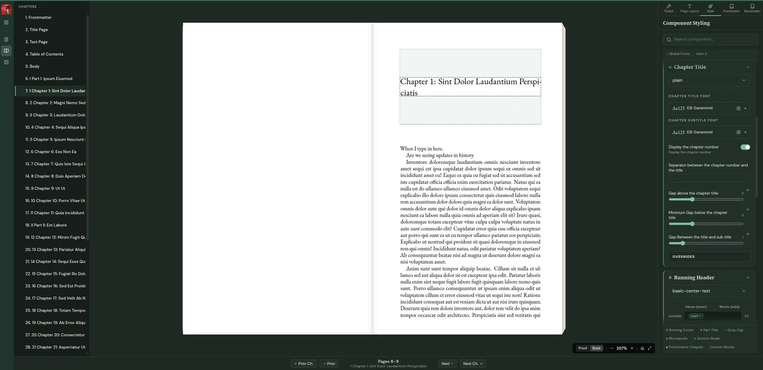 A mass market paperback interior in Leafset Studio: a typeset chapter opening in EB Garamond shown as a two-page spread, with chapter title and running header controls alongside it.