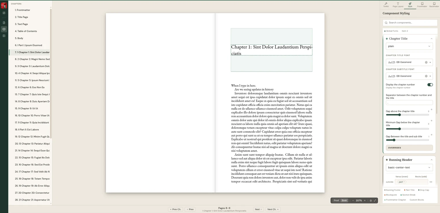A mass market paperback interior in Leafset Studio: a typeset chapter opening in EB Garamond shown as a two-page spread, with chapter title and running header controls alongside it.